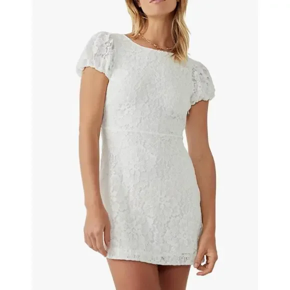 Free People Hailee Lace, Puffed Sleeve Mini Dress | Sz S, White New $168 - Picture 2 of 12